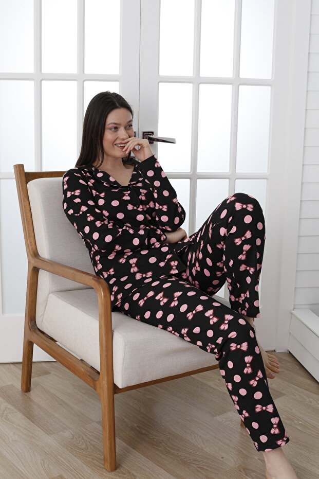 Print Long Sleeve Single Jersey Women's Pajamas Set - Front Buttoned Vg137