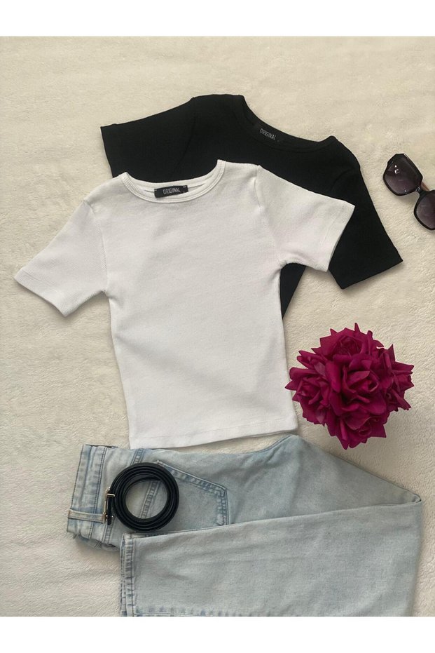 Women's 2-Piece Corded Cotton Crew Neck Knitted Camisole Crop T-Shirt