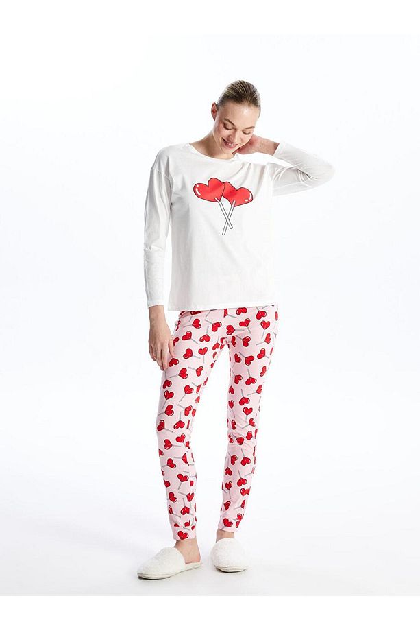 Bisiklet Yaka Baskılı Uzun Kollu Kadın Pijama Takımı (W3) - 1