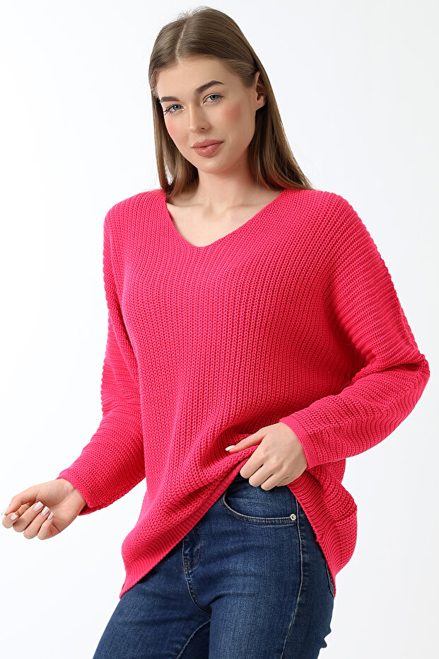 Women's Pink Oversize Casual V-Neck Knitwear Sweater