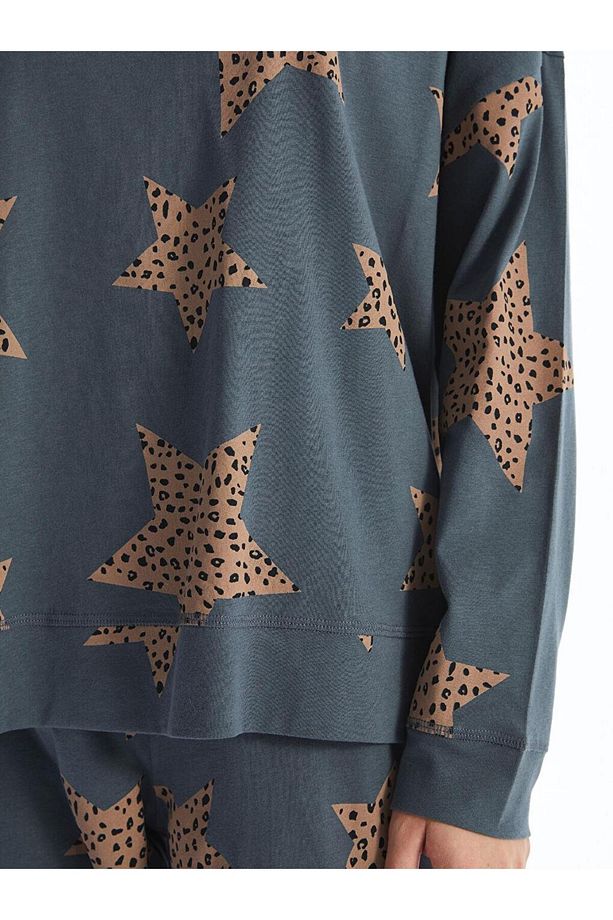 Bisiklet Yaka Desenli Uzun Kollu Kadın Pijama Takımı (W4) - 4