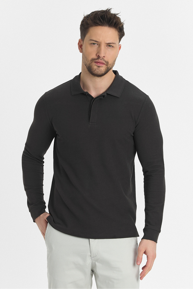 Men's Regular Fit Polo Collar Basic Sweatshirt with Drop Knit