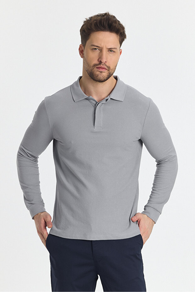 Men's Regular Fit Polo Collar Basic Sweatshirt with Drop Knit
