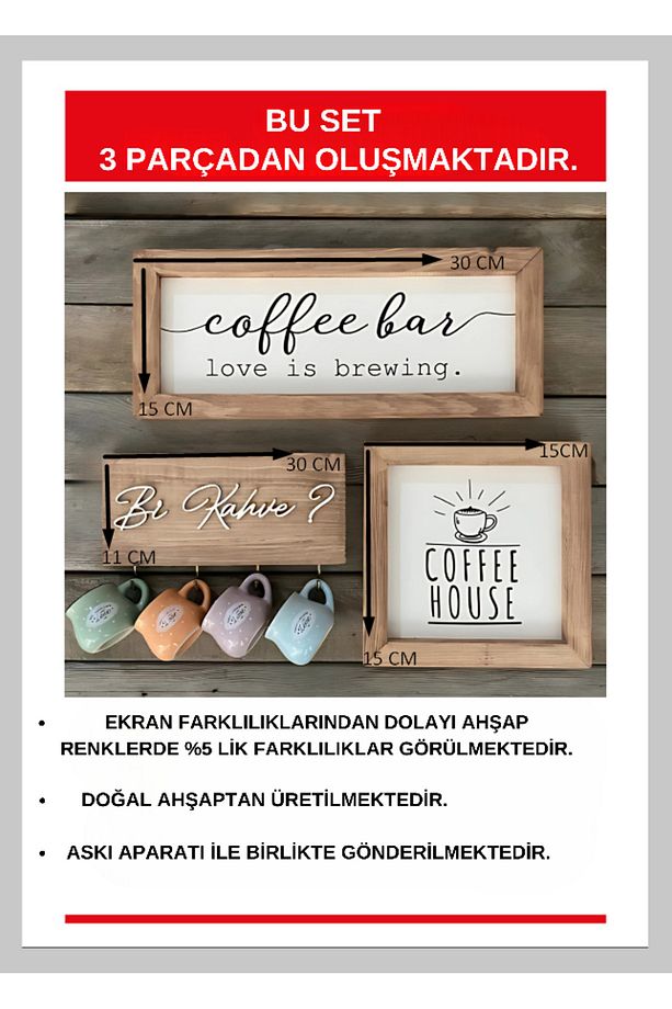 Coffee Bar Kahve Köşesi Fincan Askılıklı Duvar Dekor Ve Mutfakların Süsü, Ahşap Pano Set - 4