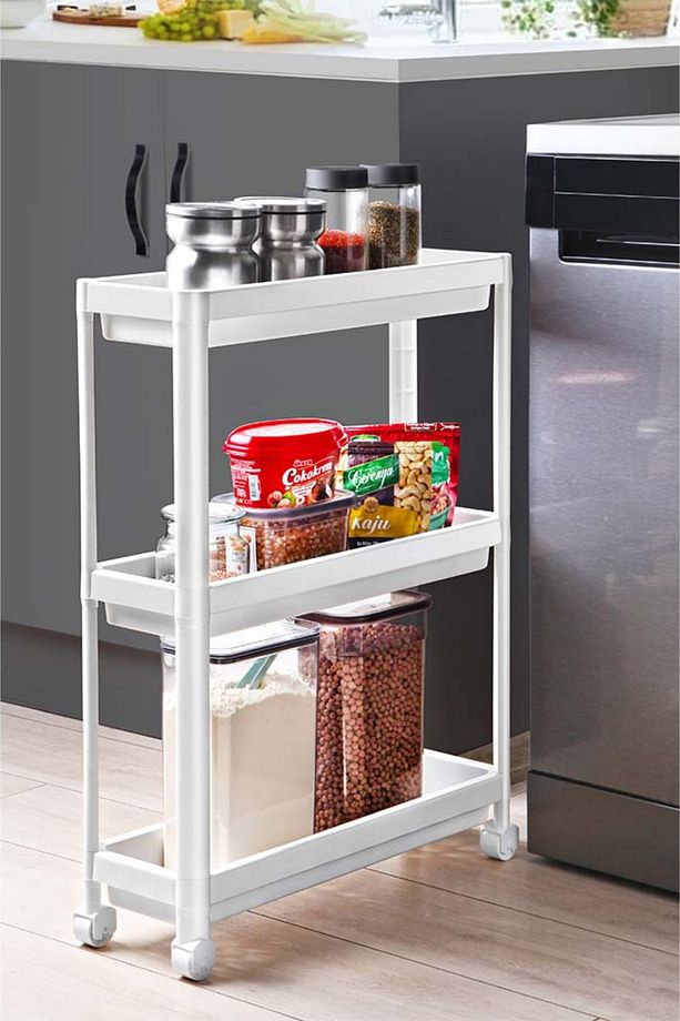 3 Katlı Tekerlekli Slim Raf Modüler Banyo Rafı, Mutfak Rafı - 1