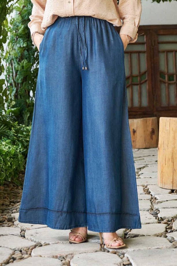 1138-denim Lastikli Bol Paça Pantolon Koyu Mavi - 5