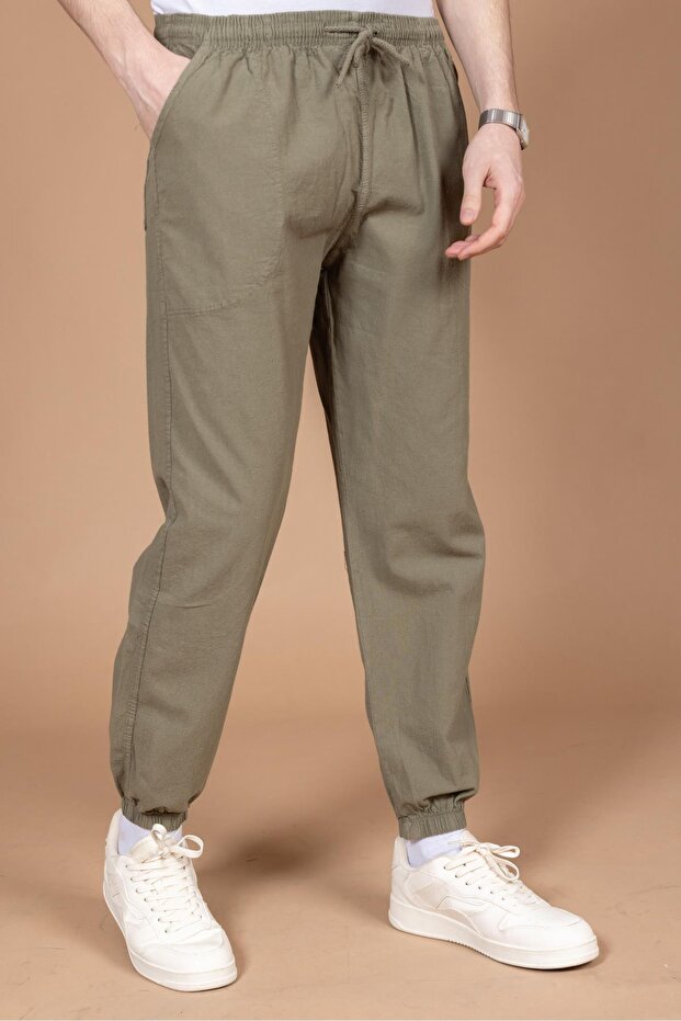 Men's Raw Cloth Comfortable Fit 100% Natural Cotton Elastic Leg Sweatpants Bottom Pants 2045