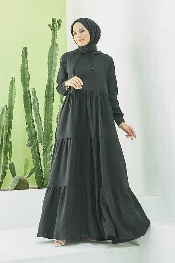 6531-Modal Kapşonlu Reglan Kollu Elbise Siyah - 3