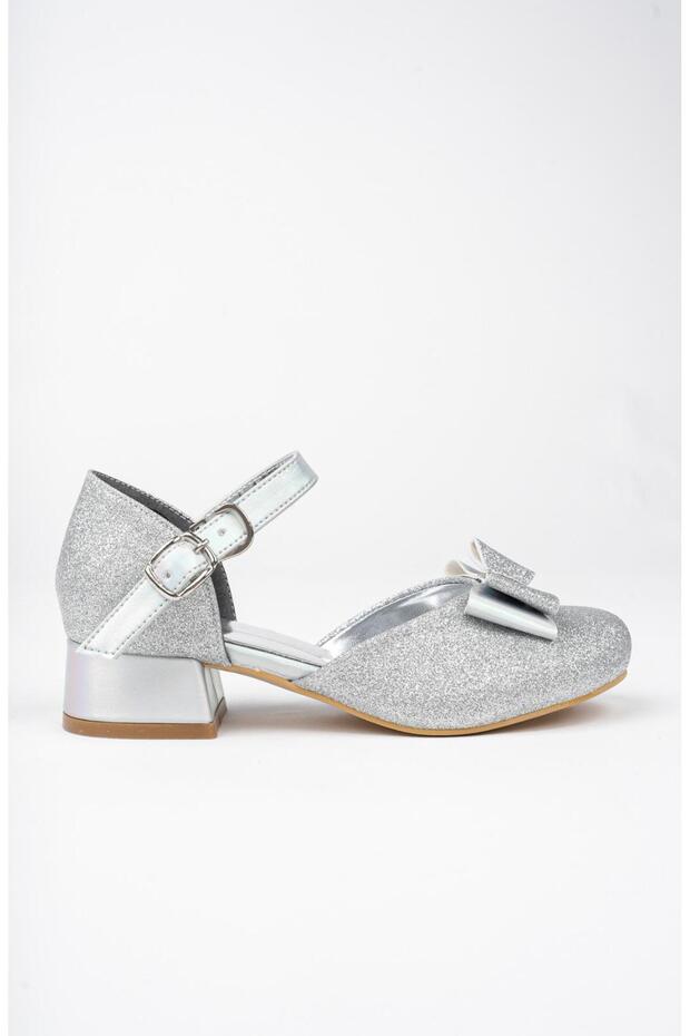 Girl's Silver Evening Dress Glitter Sand Detailed Bow Shoes