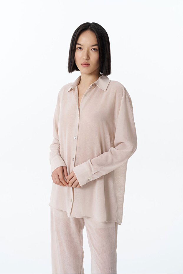 Düğmeli Şifon Gömlek Bej - 4