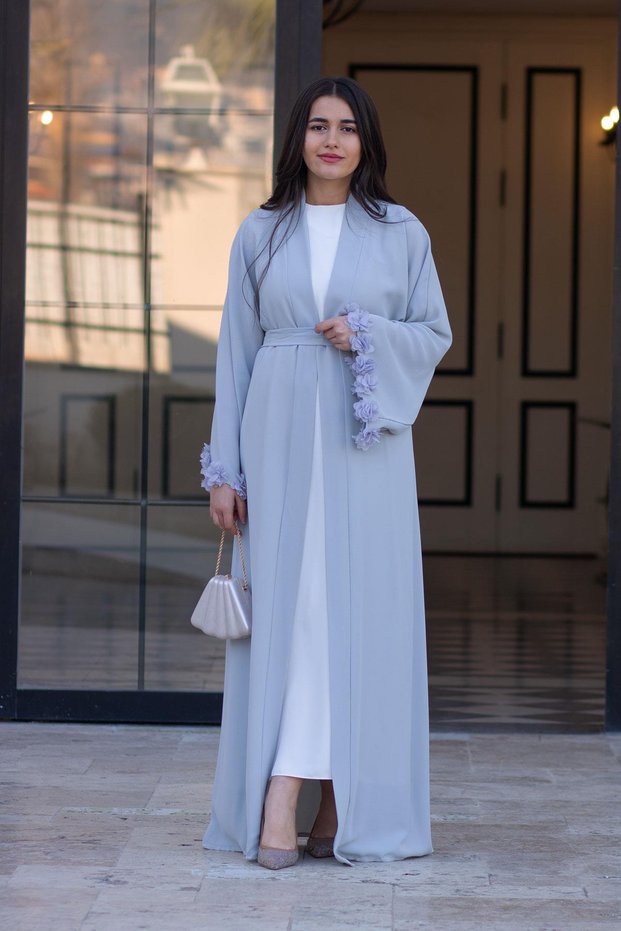 Gray Sleeve Floral Detailed Zahra Abaya