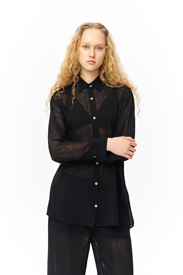Düğmeli Şifon Gömlek Siyah - 1