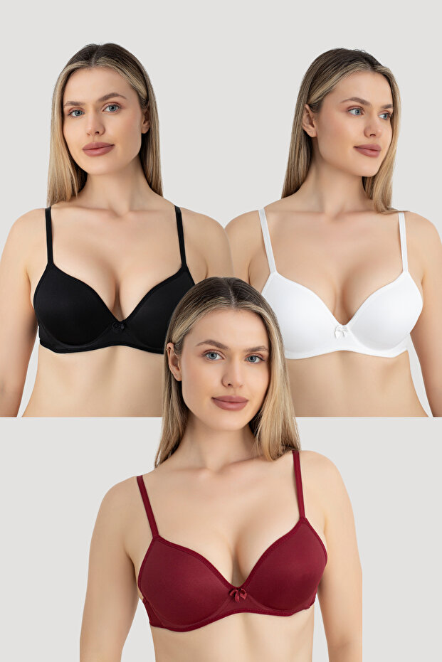 Women's underwire padded support bra 3-piece set black white burgundy