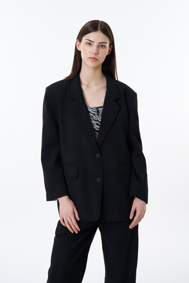 Çift Düğmeli Oversize Blazer Ceket Siyah - 1