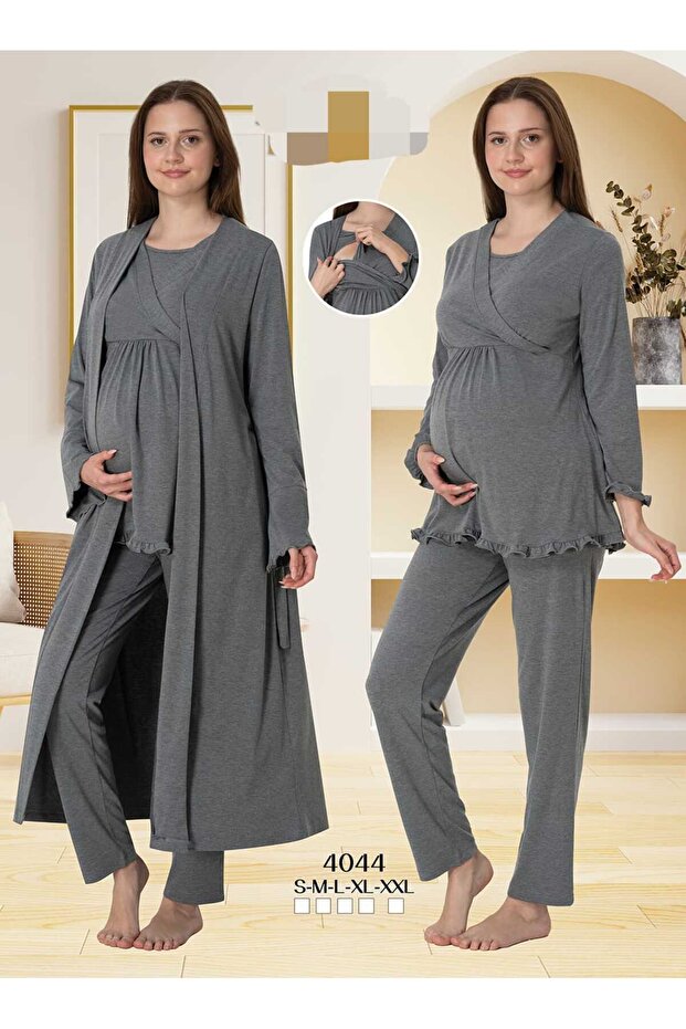 Women's Navy Blue Lace Special Design Cotton Combed Maternity Maternity Dressing Gown Pajamas Set Set