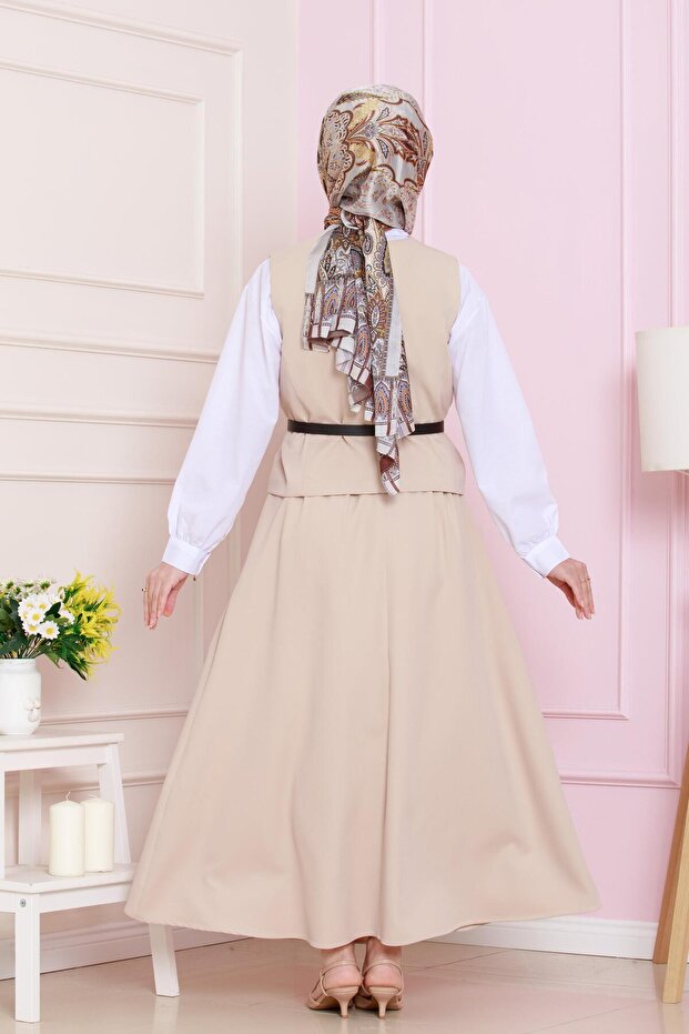 طقم مزدوج مع سترة - بيج - 5