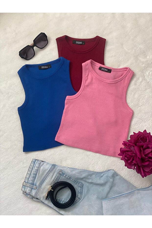 3-Piece Women's Halter Neck Ribbed Strap Zero Sleeve Crop Blouse
