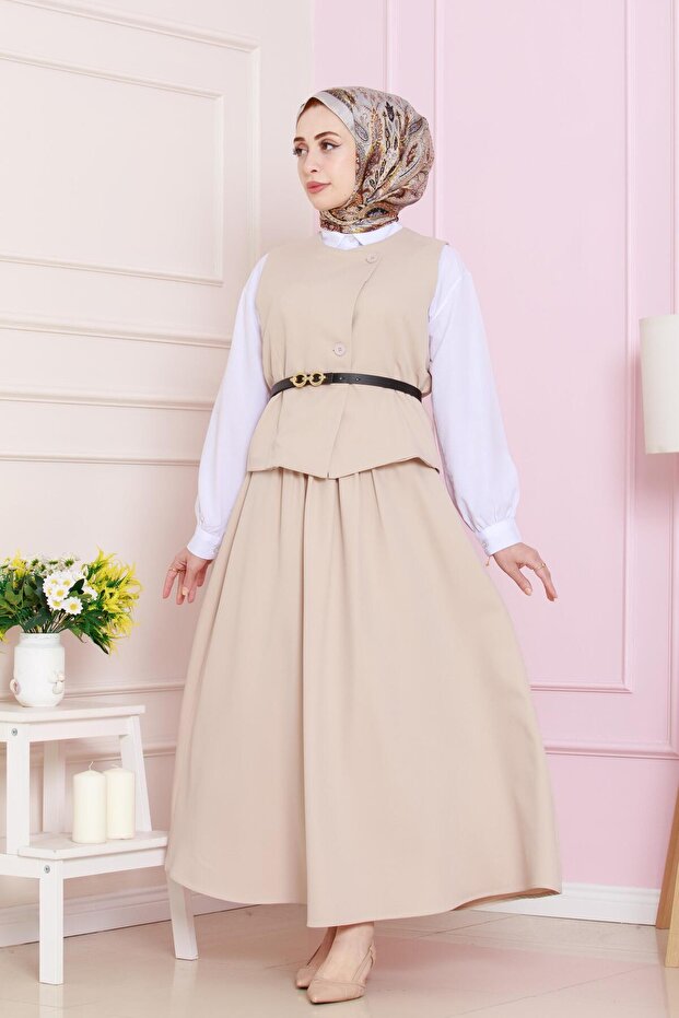 طقم مزدوج مع سترة - بيج - 1