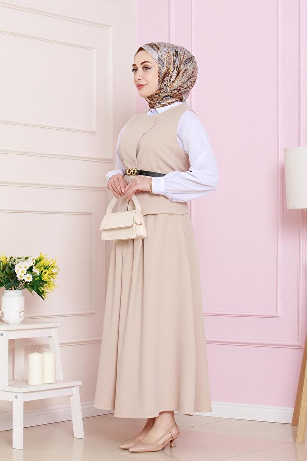 طقم مزدوج مع سترة - بيج - 3