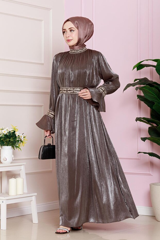 Sleeve Flounce Embroidery Detailed Evening Dress-Brown