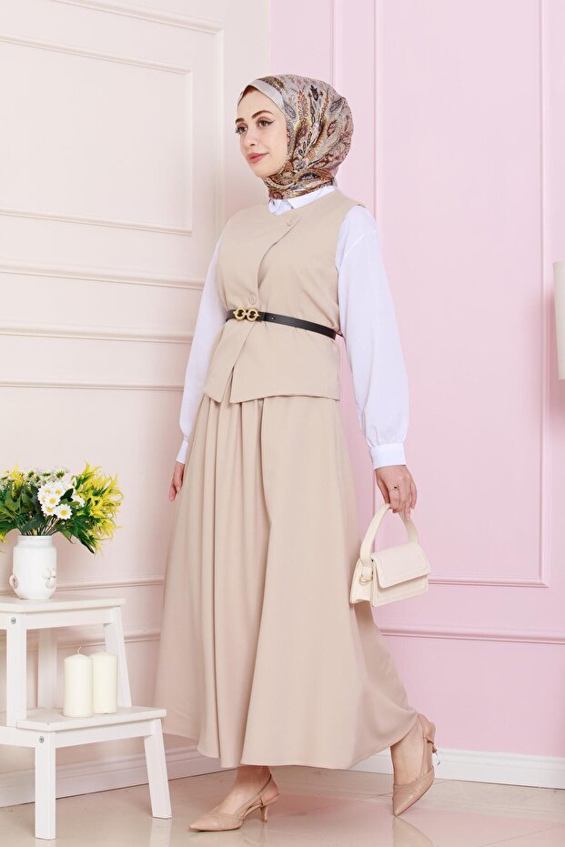 طقم مزدوج مع سترة - بيج - 2