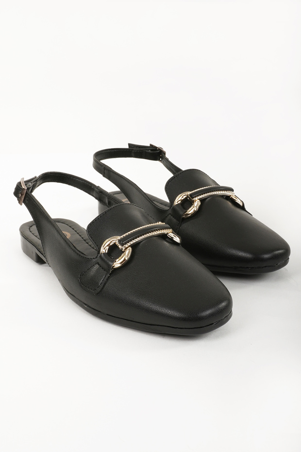 Women's Black Back Open Buckle Detailed Casual Ballet Shoes