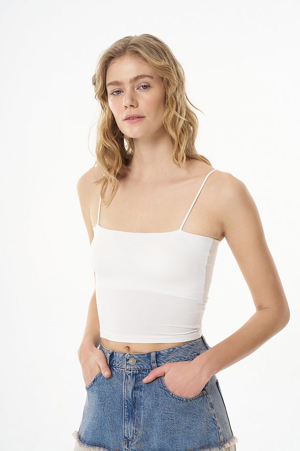 Askılı Crop Basic Atlet Ekru - 3