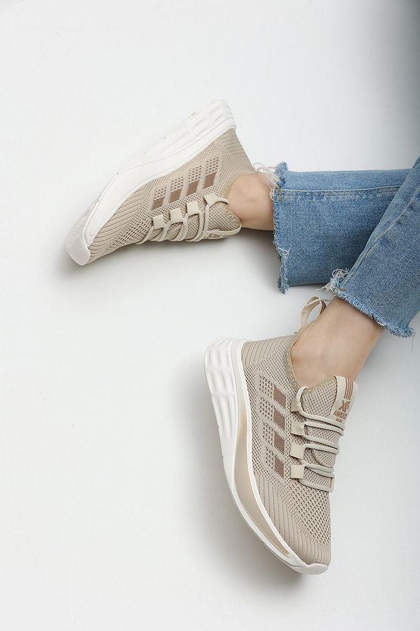 Rahat, Hafif, Ortopedik, Yazlık, Bağcıksız, Fileli Sneaker Bej  Ayakkabı - 1