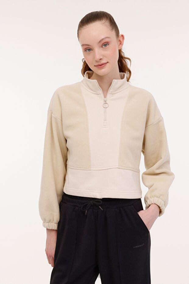 Alexa Women's Beige Stand Collar Sweatshirt