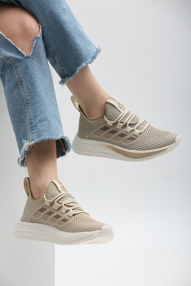 Rahat, Hafif, Ortopedik, Yazlık, Bağcıksız, Fileli Sneaker Bej  Ayakkabı - 2
