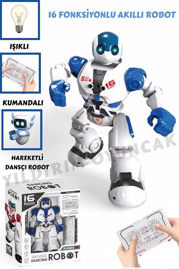 16 Fonksiyonlu Şarjlı Uzaktan Kumandalı Akıllı Robot Sesli Işıklı Programlama Dans Robot mavi - 1