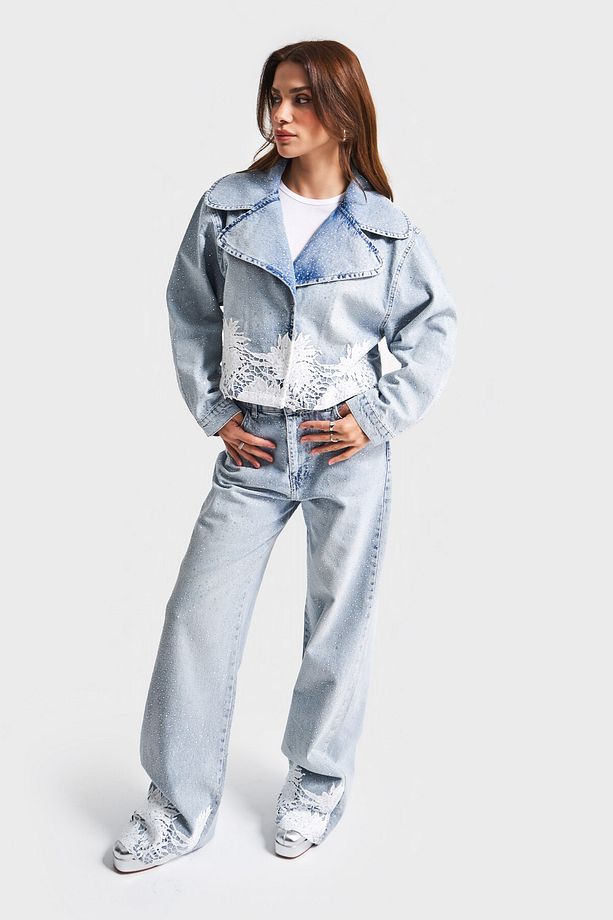 Kadın Kot Rengi 4S5-3 Dantelli Kruvaze %100 Koton Tasarım Denim Ceket - 4