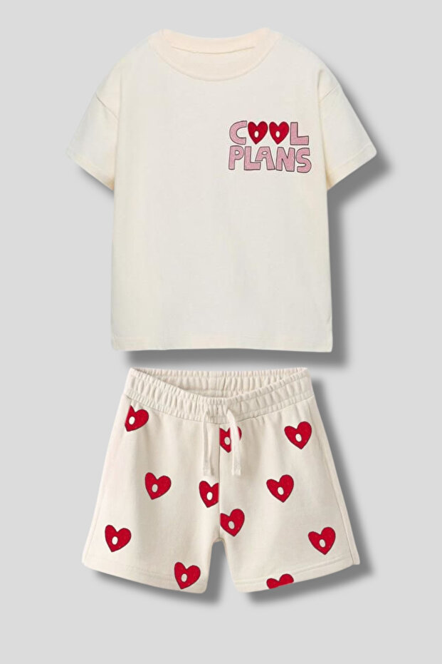 Cream Heart Patterned Kids Shorts Set | Cool Plans Summer Comfortable Set