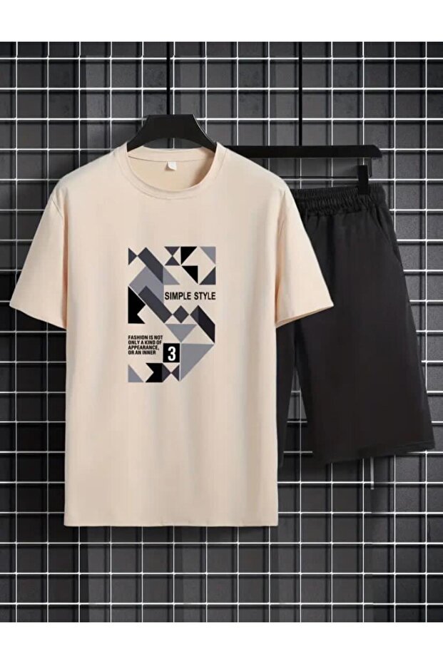 Simple Style Printed T-Shirt Short Wide Leg Comfortable Fit Black Bottom Beige Top Short Set