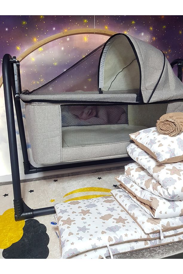 45x85 Keten Portatif Beşik ve Uyku Seti - Tenteli Silinebilir Lüks Keten Fileli - 5