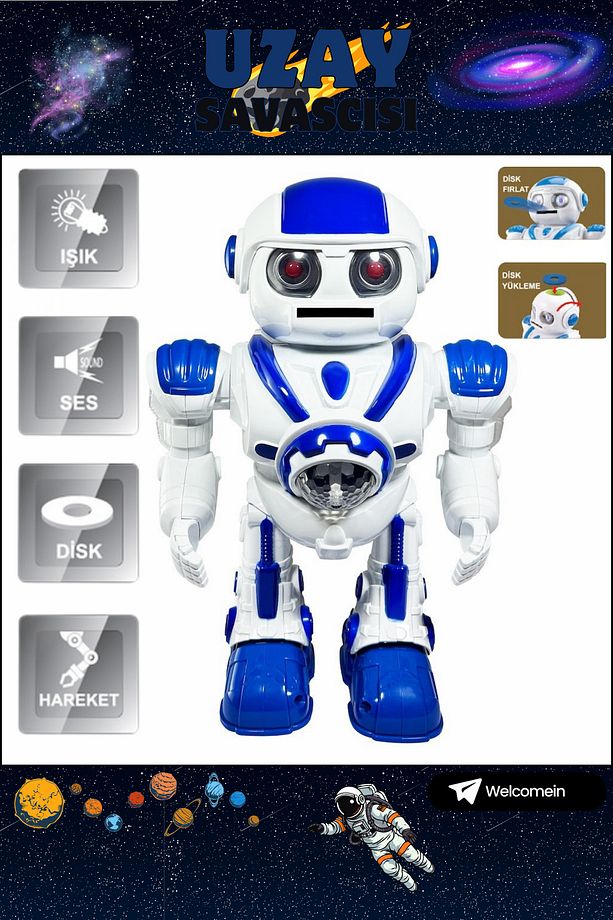 Mavi Büyük Boy Disk Atan Yürüyen Oyuncak Uzay Savaşçısı Robot Sesli Işıklı ve Pilli Robot +3 Yaş - 1