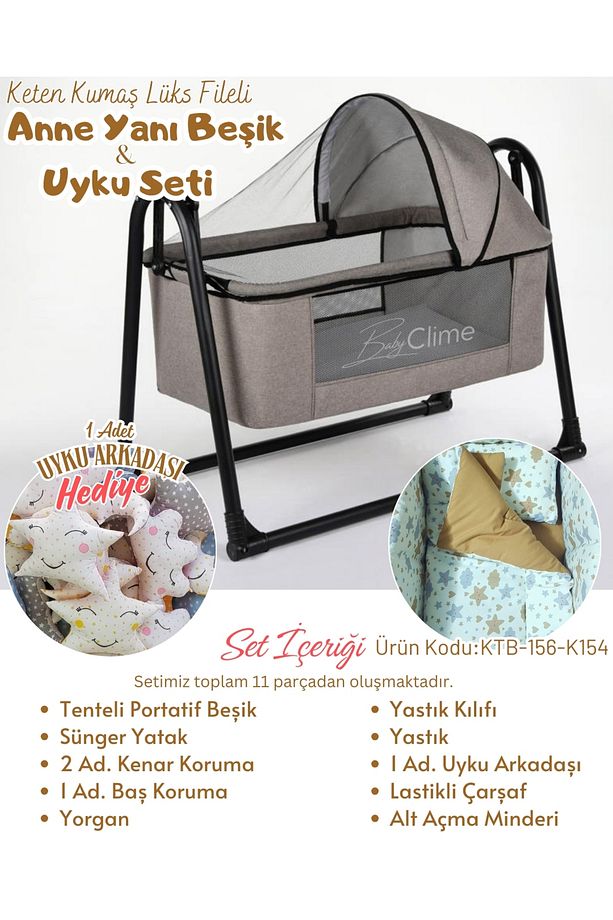 45x85 Keten Portatif Beşik ve Uyku Seti - Tenteli Silinebilir Lüks Keten Fileli - 3