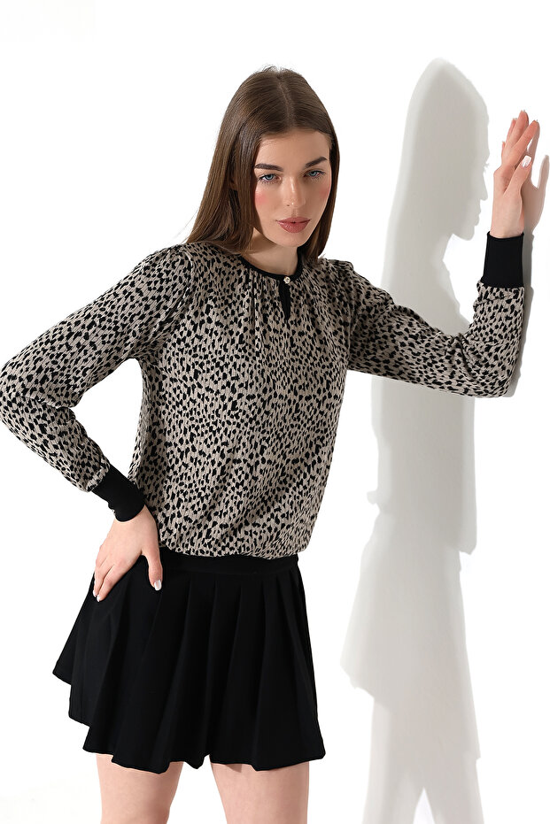 Harare női húzózsinóros leejtő nyakú gombos LEOPARD Jacquard rugalmas fésült pamut hosszú ujjú blúz és hidzsáb blúz - 7