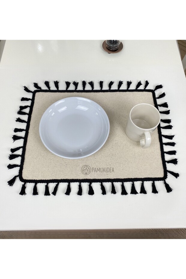 2 Pieces | 35X45 cm Black Pompom - Tasseled American Serving, Buldan Linen Woven 100% Cotton Napkin