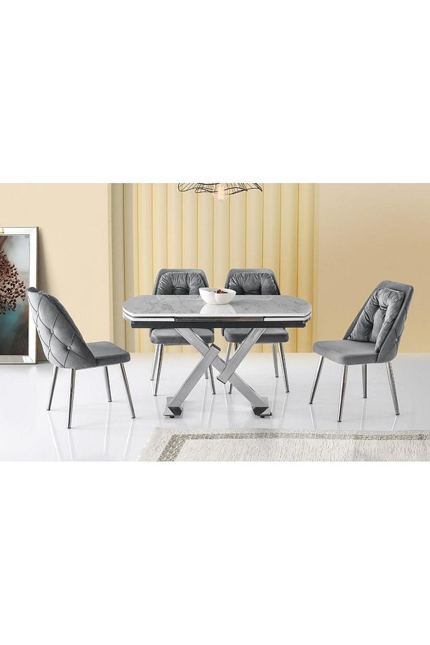 Still Marmo Highgloss Açılır 130X80 Masa 4 Kişilik Babyface Krom Ayak Neşe Sandalye Masa Takımı - 1
