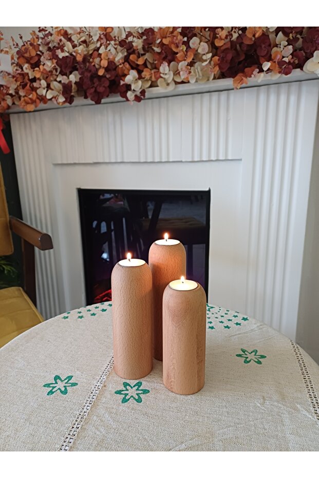 Ahşap 3'lü Mumluk Şamdan - 3