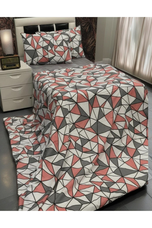 طقم غطاء لحاف هندسي وردي اللون لشخص واحد، غطاء لحاف مقاس 155×215 + غطاء وسادة مقاس 50×70
