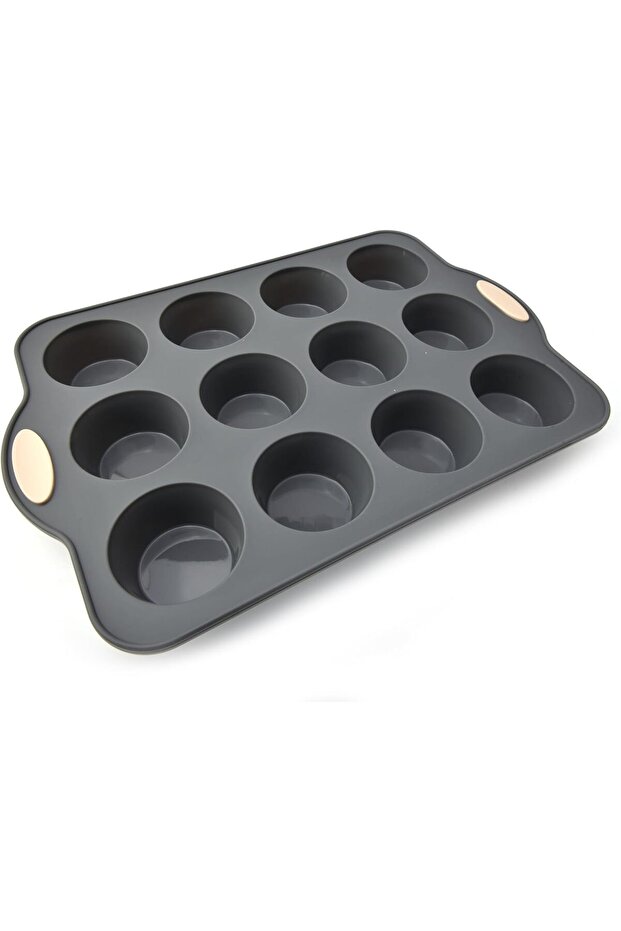 12Pcs Silicone & Metal Muffin Cake Pan, Non-Stick 12-Cup Cupcake Baking Tray