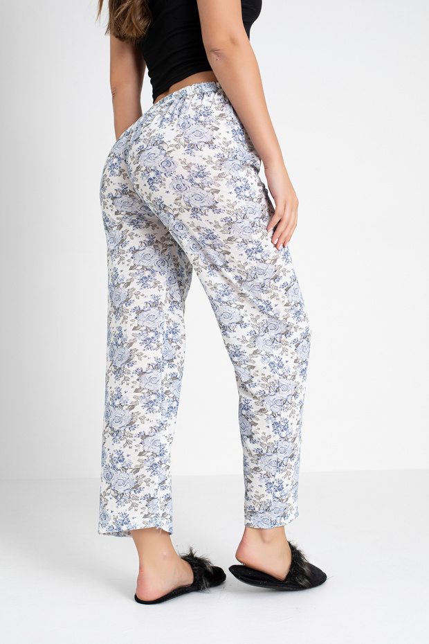 Cotton Thin Breathable Fabric Ribbon Waist Detailed Printed Pocketless Women's Pajama Bottoms
