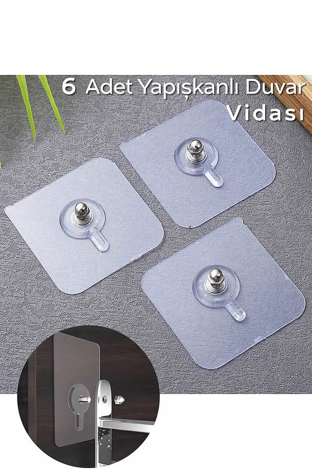 Matkap Delme Yok ! 6 Adet Güçlü Yapışkanlı Duvar Vidası - Elbise Çervece Askısı Duvar Kancası Çivi - 1