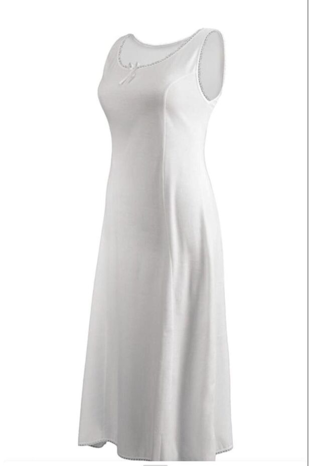 White Lace Thick Straps Long Nightgown Dress - 100% Cotton with Bow Detail