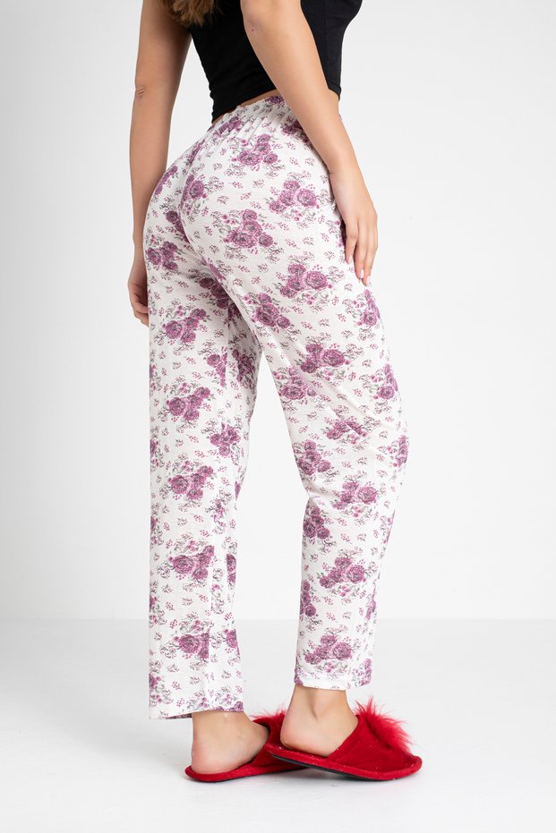 Cotton Thin Breathable Fabric Ribbon Waist Detailed Printed Pocketless Women's Pajama Bottoms
