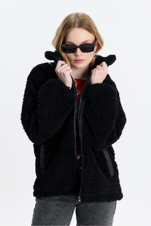 Black Embroidery Detail Pocketed Welsoft Fleece Cardigan 18887