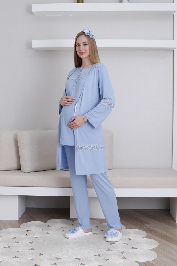 Maternity-Maternity Short Sleeve Pajamas Set with Dressing Gown and Button Collar Set of 3