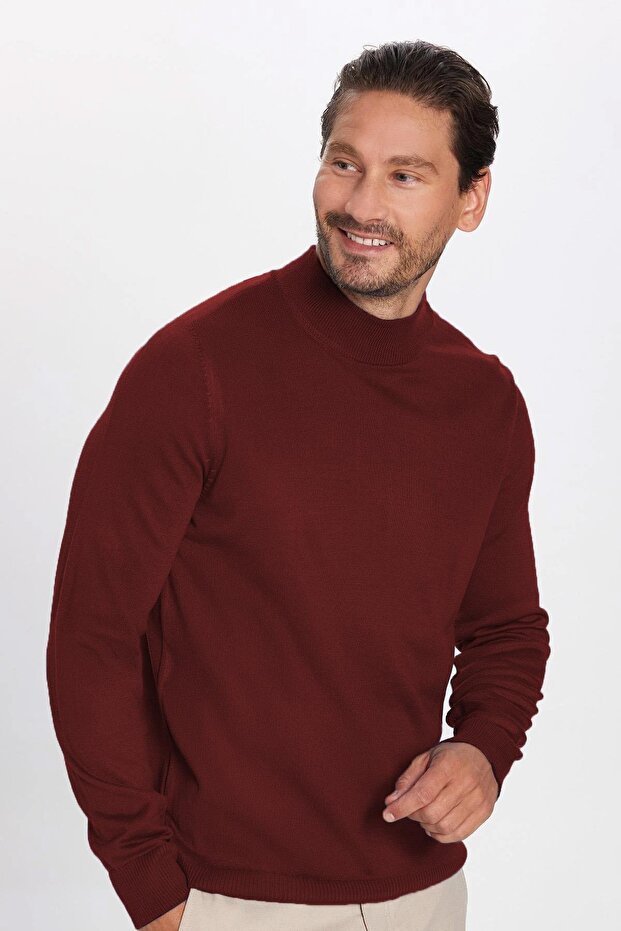 Men's Slim Fit Slim Fit Half Turtleneck Solid Burgundy Knitwear Sweater